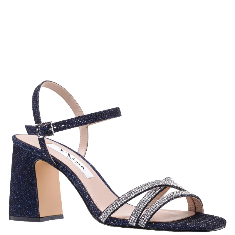 QUELLA-WOMEN'S NAVY TEXTURED METALLIC MID-HEEL BLOCK SANDAL