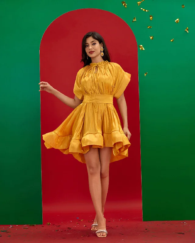 Yellow Cape-effect Belted Mini Dress