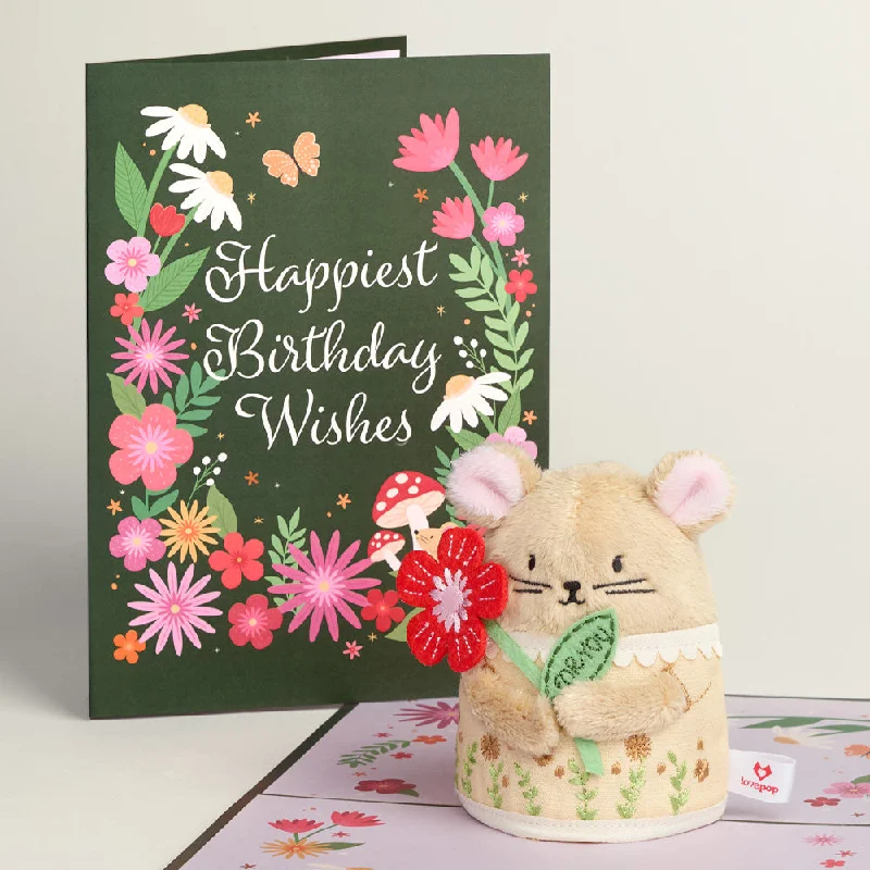 Friendly and approachable plush friends'Happiest Birthday Wishes' Floral Field Mouse Plushpop Card Friendly and approachable plush friends'Happiest Birthday Wishes' Floral Field Mouse Plushpop Card