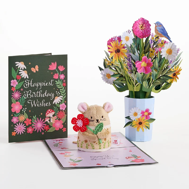 Soft and cuddly stuffed animals'Happiest Birthday Wishes' Plushpop Card and Bouquet Bundle Soft and cuddly stuffed animals'Happiest Birthday Wishes' Plushpop Card and Bouquet Bundle