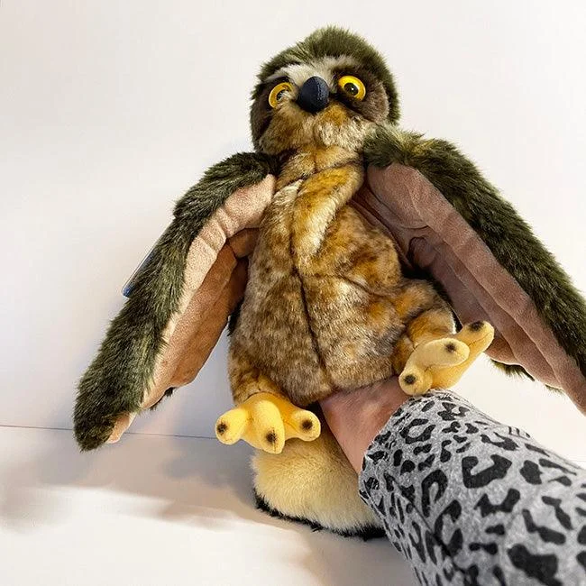 Soft and squishy plush crittersMorepork Hand puppet with sound