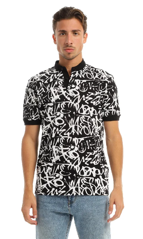 Discover new arrivals in clothing – Affordable styles for every occasion.  97557 Patterned Buttoned Mandarin Collar Black & White T-Shirt
