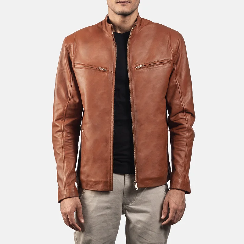 Limited-time promo – up to 70% off on men's essentials.  Ionic Tan Brown Leather Biker Jacket