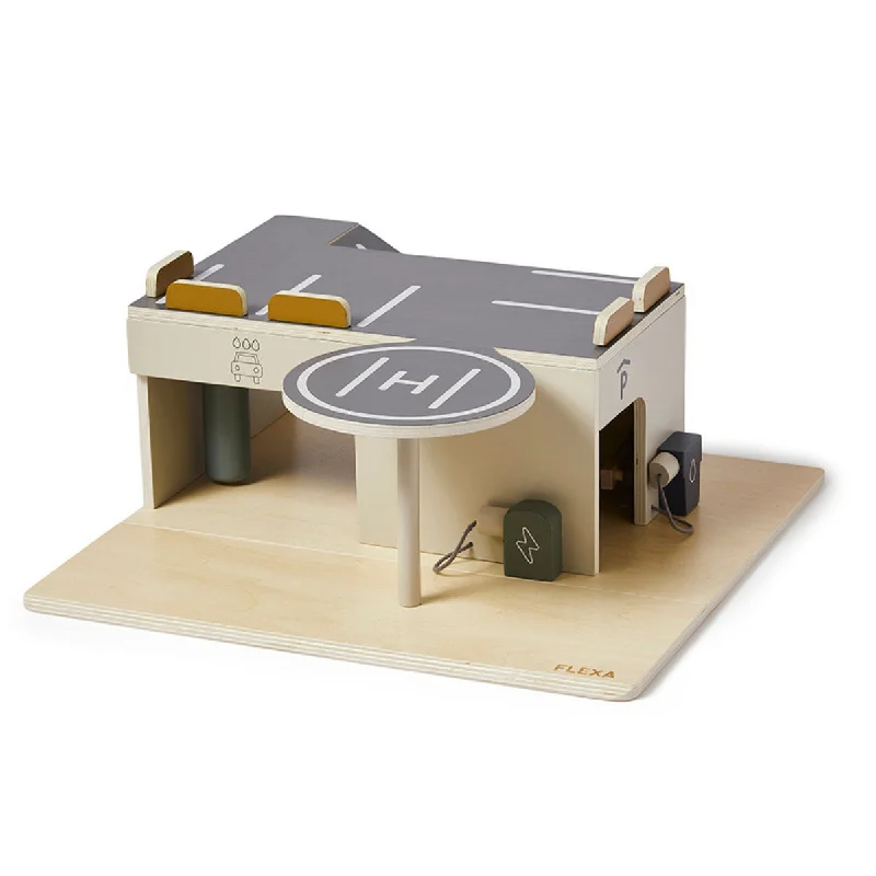 eco-friendly and safe wooden toys                   Flexa Wooden Parking Garage