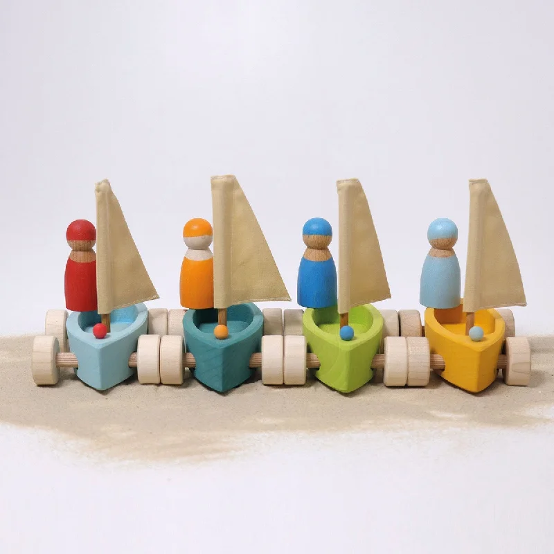 sturdy and long-lasting wooden toys for active play Grimm's 4 little land yachts with 4 sailors sturdy and long-lasting wooden toys for active play Grimm's 4 little land yachts with 4 sailors