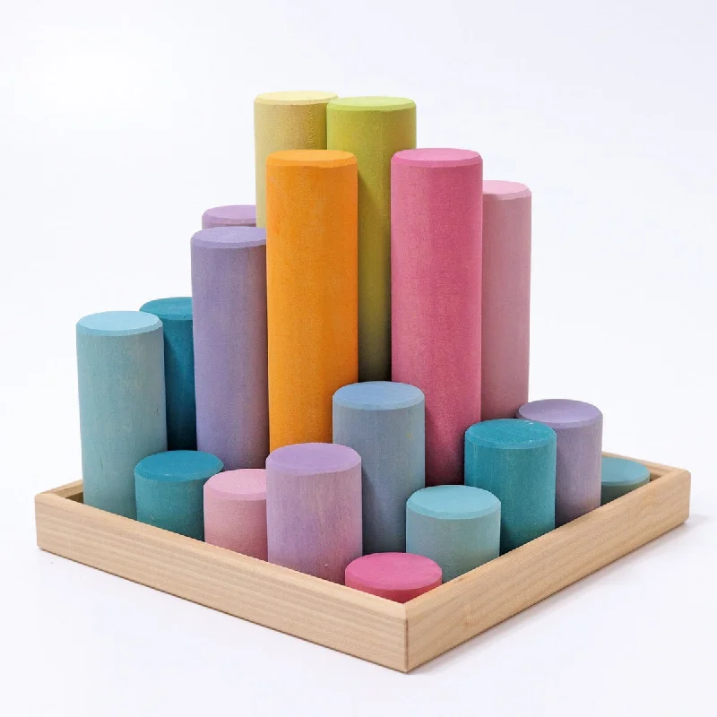 beautifully detailed wooden toys                  Grimm's pastel building rollers large 25 pcs
