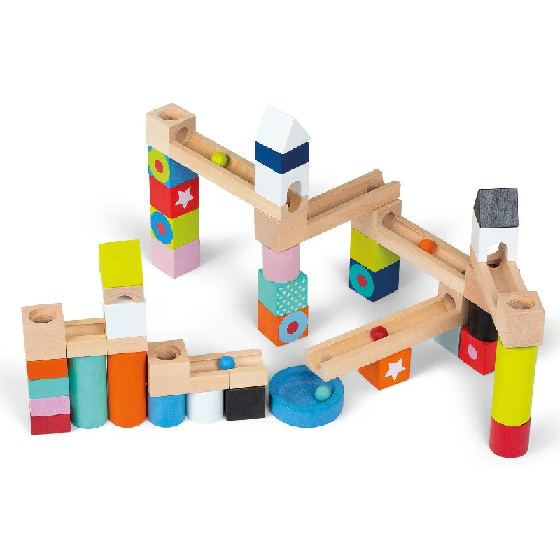environmentally conscious wooden toys                 Janod 50 pcs Marble Run Kubix