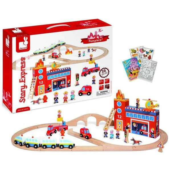 thoughtfully designed wooden toys              Janod Story Box Express Firefighters Train Set