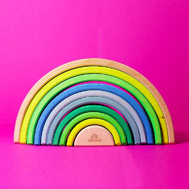 robust and durable wooden toys that are built to last                   Grimm's neon green rainbow