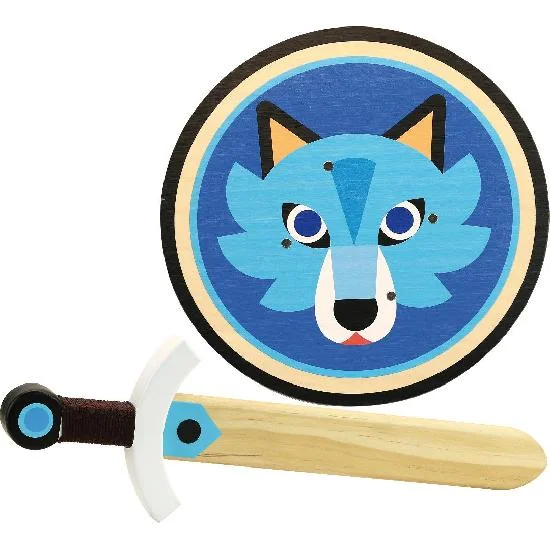 naturally finished and non-toxic wooden toys                   Vilac wolf shield & sword