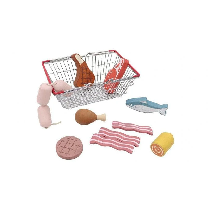 tactile wooden toys                   Wooden Meat & Fish Playset with Metal Basket
