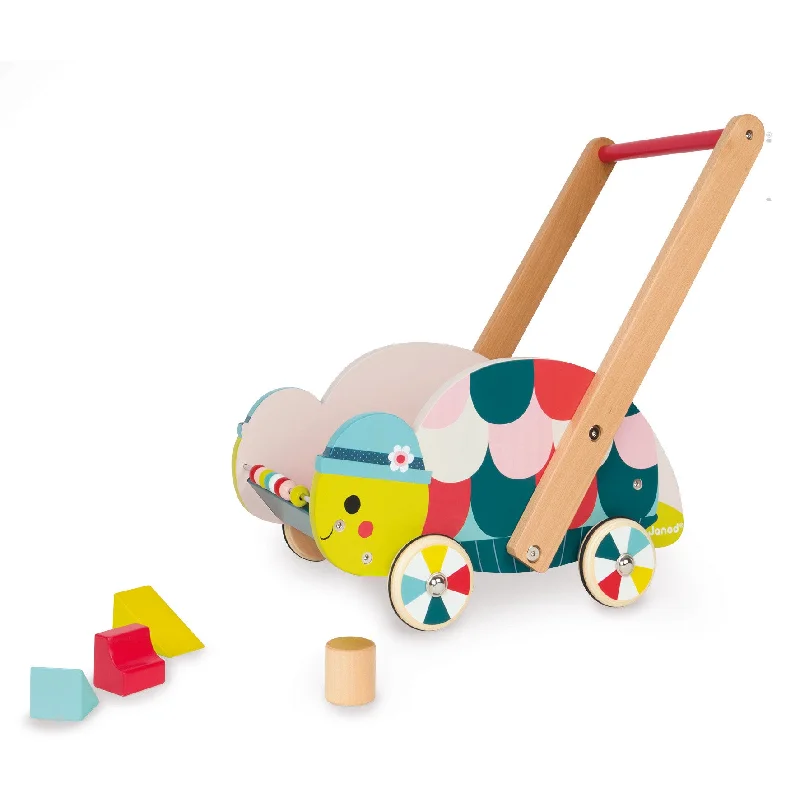 eco-friendly wooden toys made from sustainable materials                   Janod Forest Turtle Walking Trolley with 12 Blocks