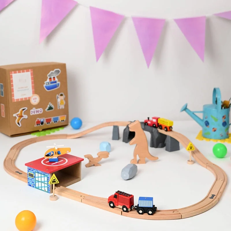 beautiful and detailed wooden toys that inspire creativity                   The Dino Land-Second Set-1 Plastic Bridge,2 Plastic Attachment,2 Dinosaurs,2 Stones,1 Helicopter,1 Helicopter Pad,1 Fire Extinguisher,2 Signals,15 Tracks.