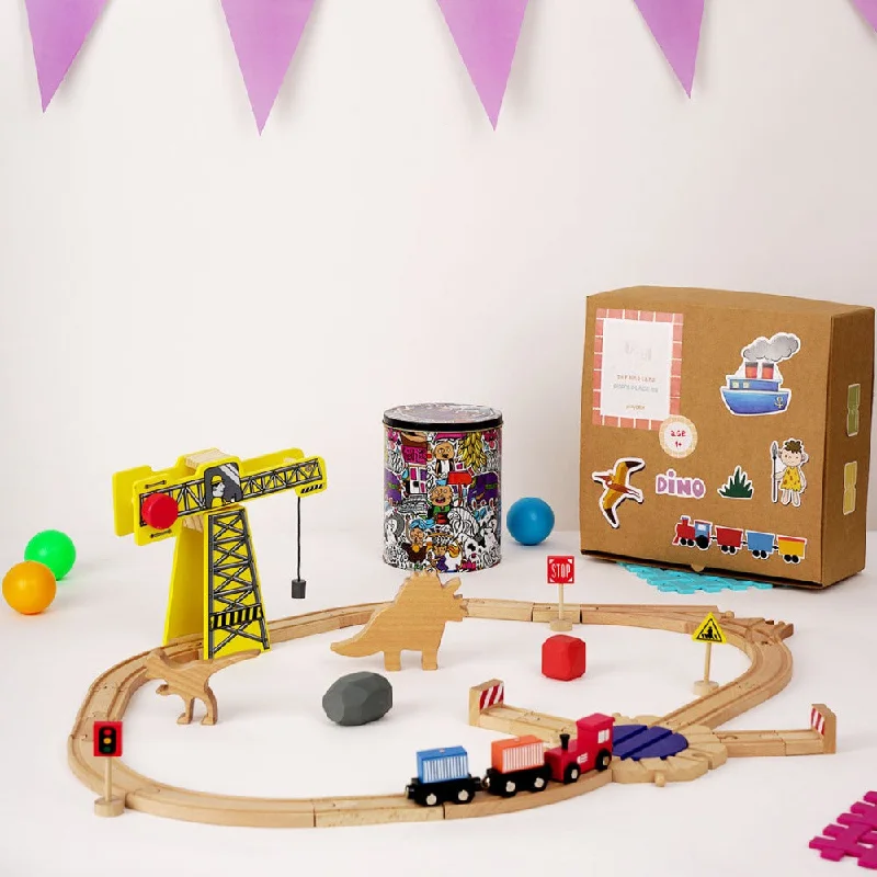eco-friendly and sustainably made wooden toys                   The Dino Land - Starter Pack Wooden Playset Include  20 Wooden Track, 3 Trains, 3 Signals, 1Crane , 2 Stones, 2 Dinosaurs, Wooden Animal Toy Dinosaur for Toddlers